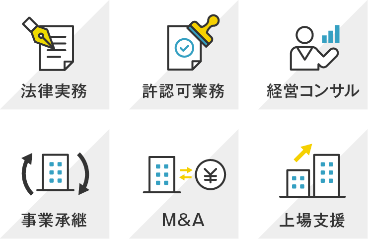 法律実務、許認可業務、経営コンサル、事業承継、M&A、上場支援